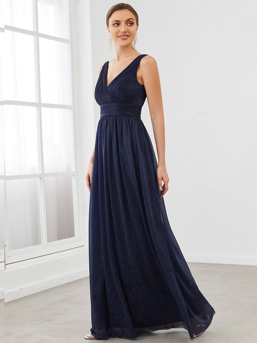 Doppelter V-Ausschnitt Lange Chiffon A-Linie Hochzeitsgast Kleider #Farbe_Navy Blau