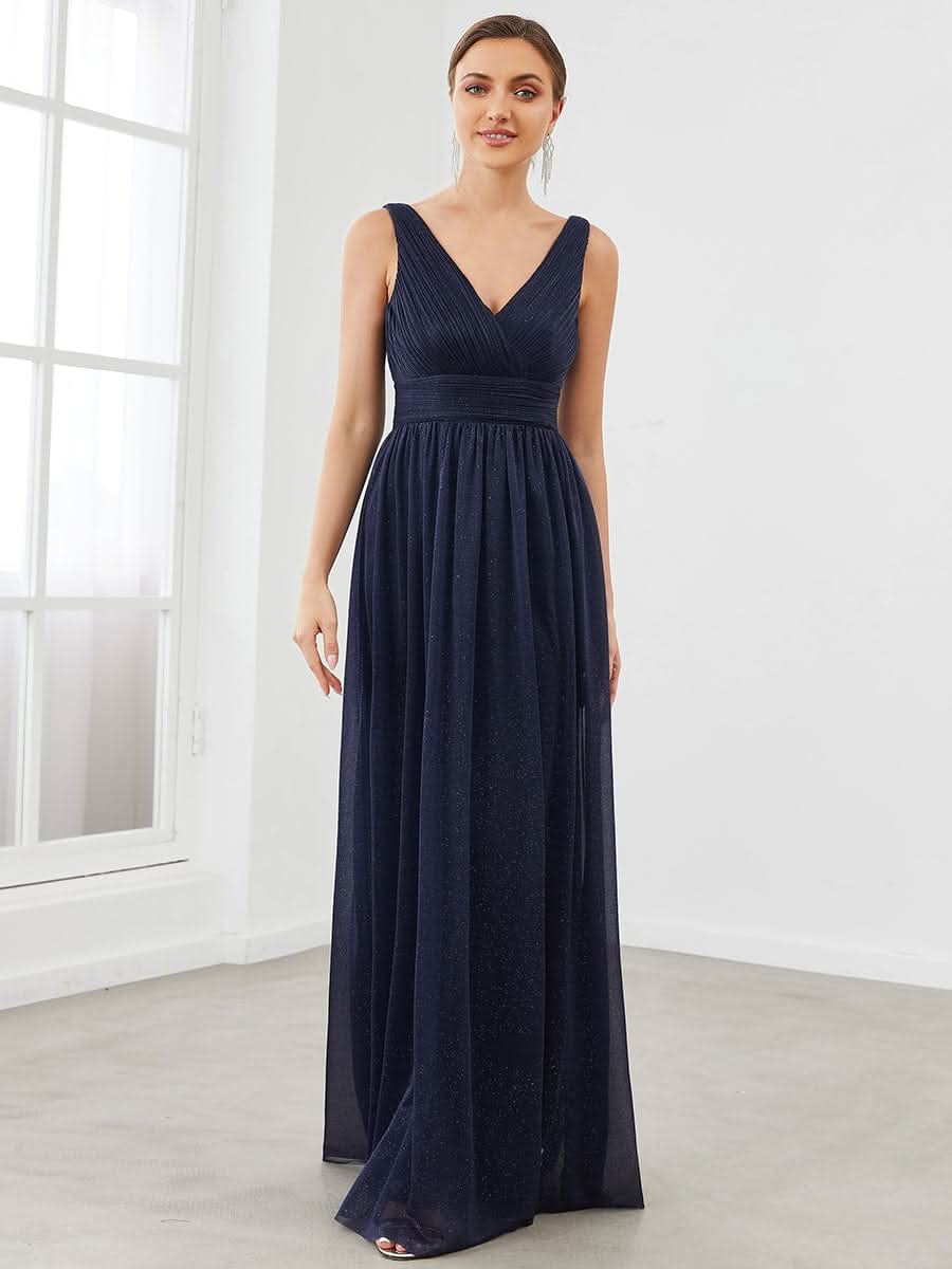 Doppelter V-Ausschnitt Lange Chiffon A-Linie Hochzeitsgast Kleider #Farbe_Navy Blau