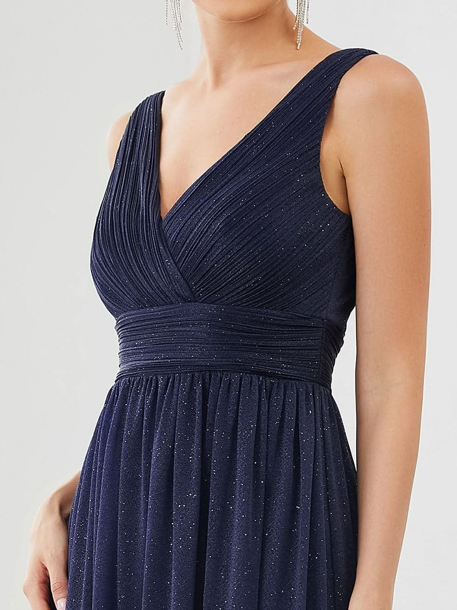 Doppelter V-Ausschnitt Lange Chiffon A-Linie Hochzeitsgast Kleider #Farbe_Navy Blau
