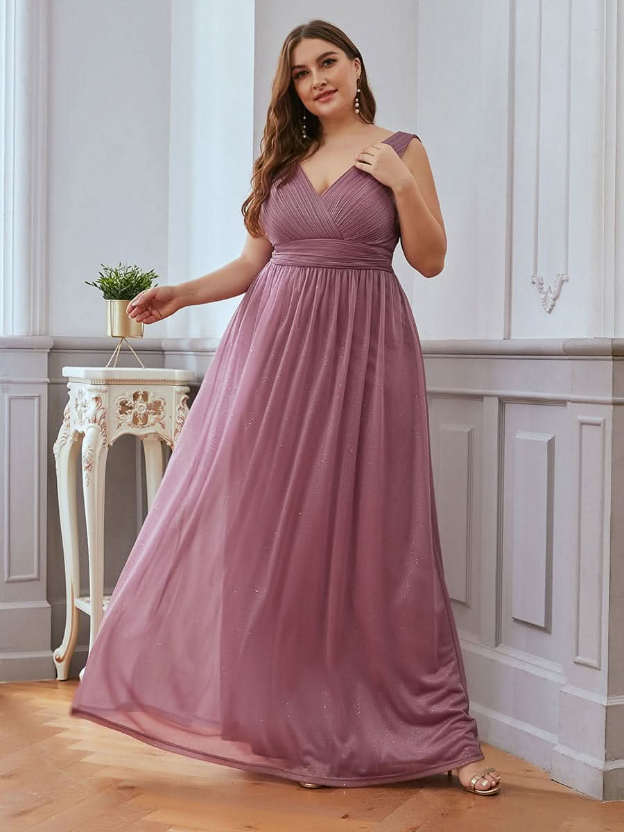 Doppelter V-Ausschnitt Lange Chiffon A-Linie Hochzeitsgast Kleider #Farbe_Orchid