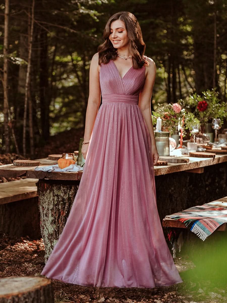 Doppelter V-Ausschnitt Lange Chiffon A-Linie Hochzeitsgast Kleider #Farbe_Orchid