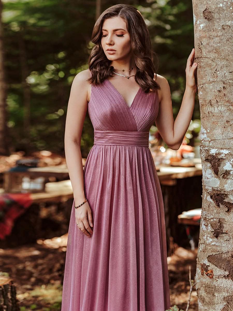 Doppelter V-Ausschnitt Lange Chiffon A-Linie Hochzeitsgast Kleider #Farbe_Orchid