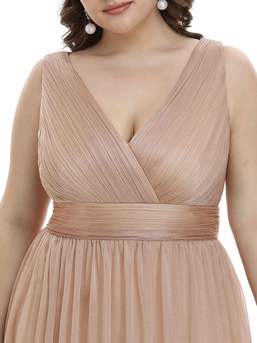 V-Ausschnitt Ärmelloses Chiffon A-Linie Lang Hochzeitsgast Kleider Große Größen #Farbe_Rosa Gold