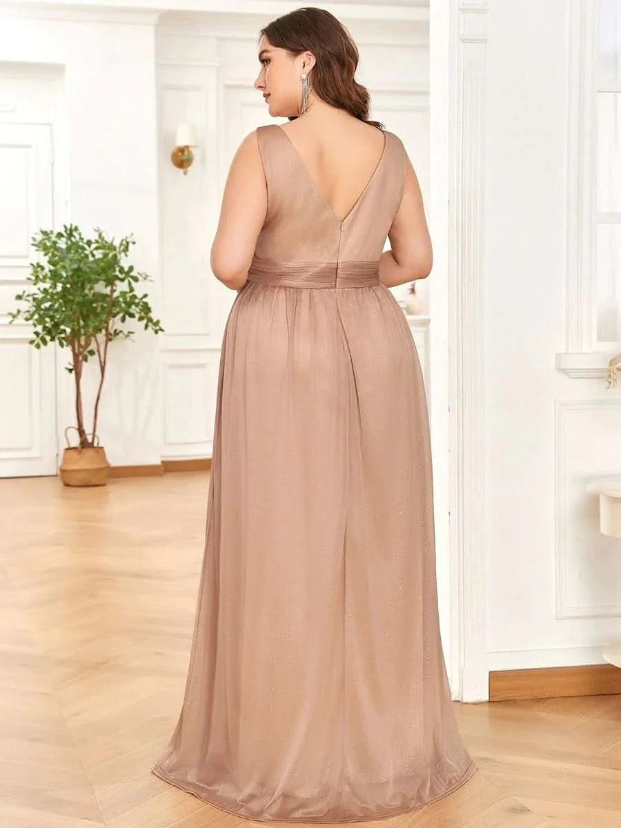 V-Ausschnitt Ärmelloses Chiffon A-Linie Lang Hochzeitsgast Kleider Große Größen #Farbe_Rosa Gold