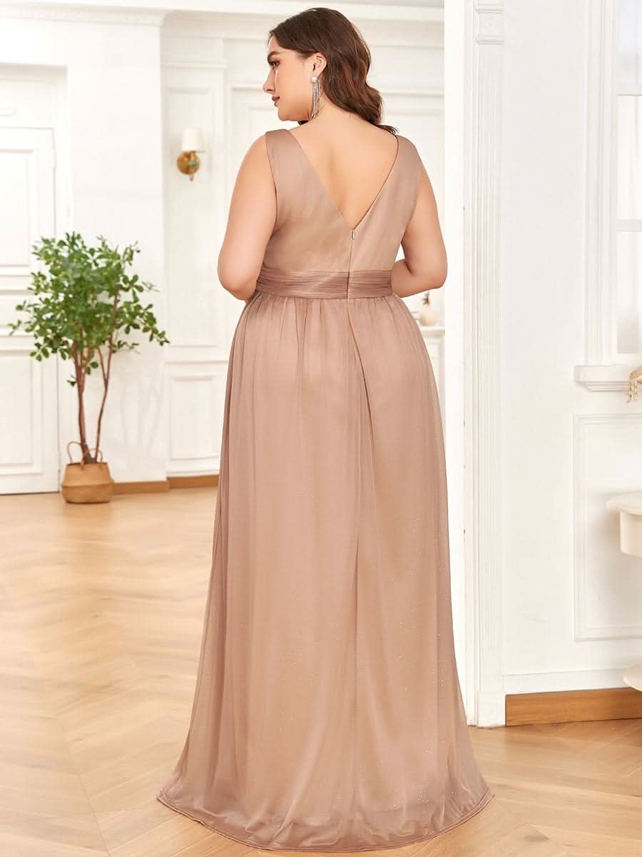 V-Ausschnitt Lange Chiffon A-Linie Brautjungfernkleider Große Größen #Farbe_Rosa Gold
