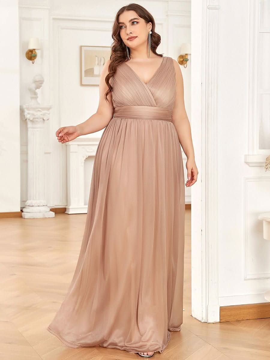 V-Ausschnitt Ärmelloses Chiffon A-Linie Lang Hochzeitsgast Kleider Große Größen #Farbe_Rosa Gold