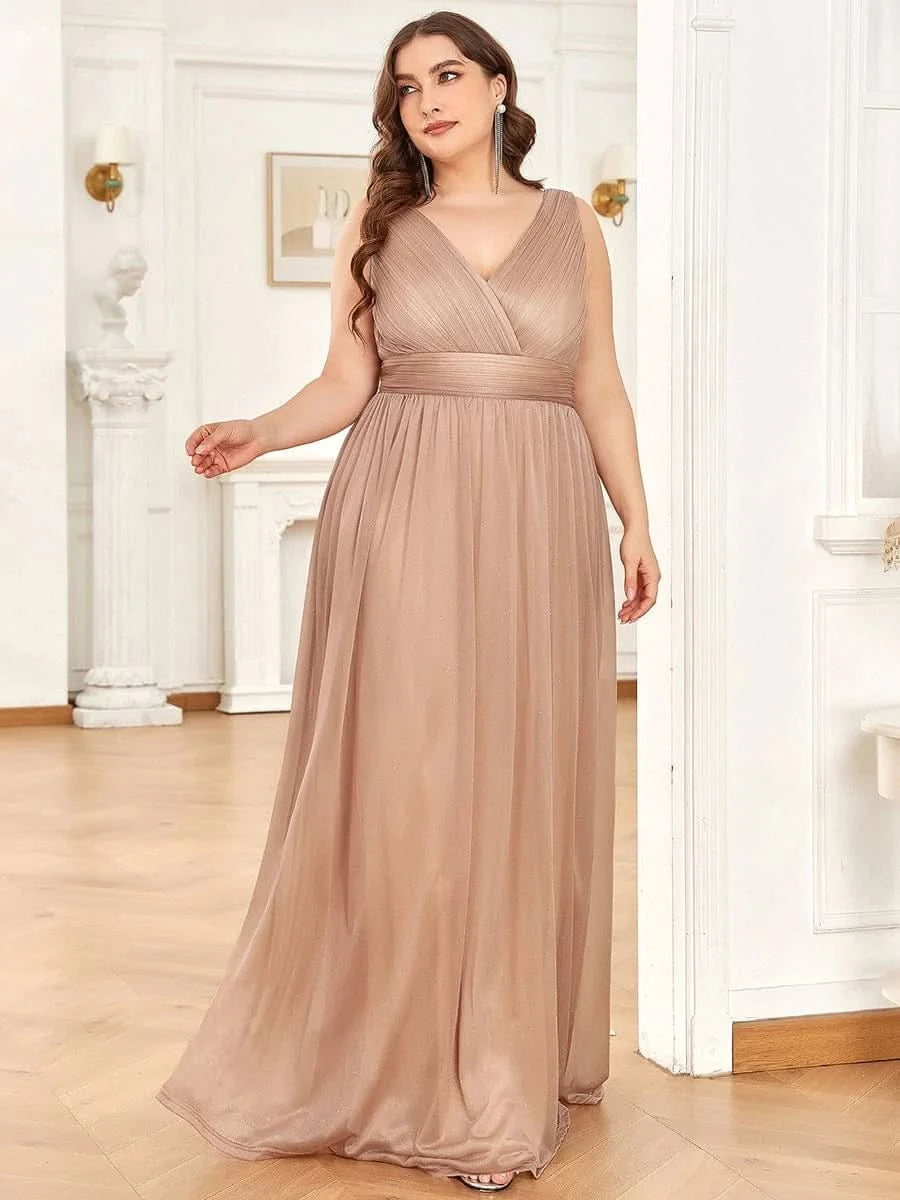 V-Ausschnitt Ärmelloses Chiffon A-Linie Lang Hochzeitsgast Kleider Große Größen #Farbe_Rosa Gold