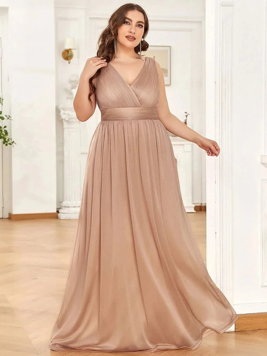 V-Ausschnitt Ärmelloses Chiffon A-Linie Lang Hochzeitsgast Kleider Große Größen #Farbe_Rosa Gold