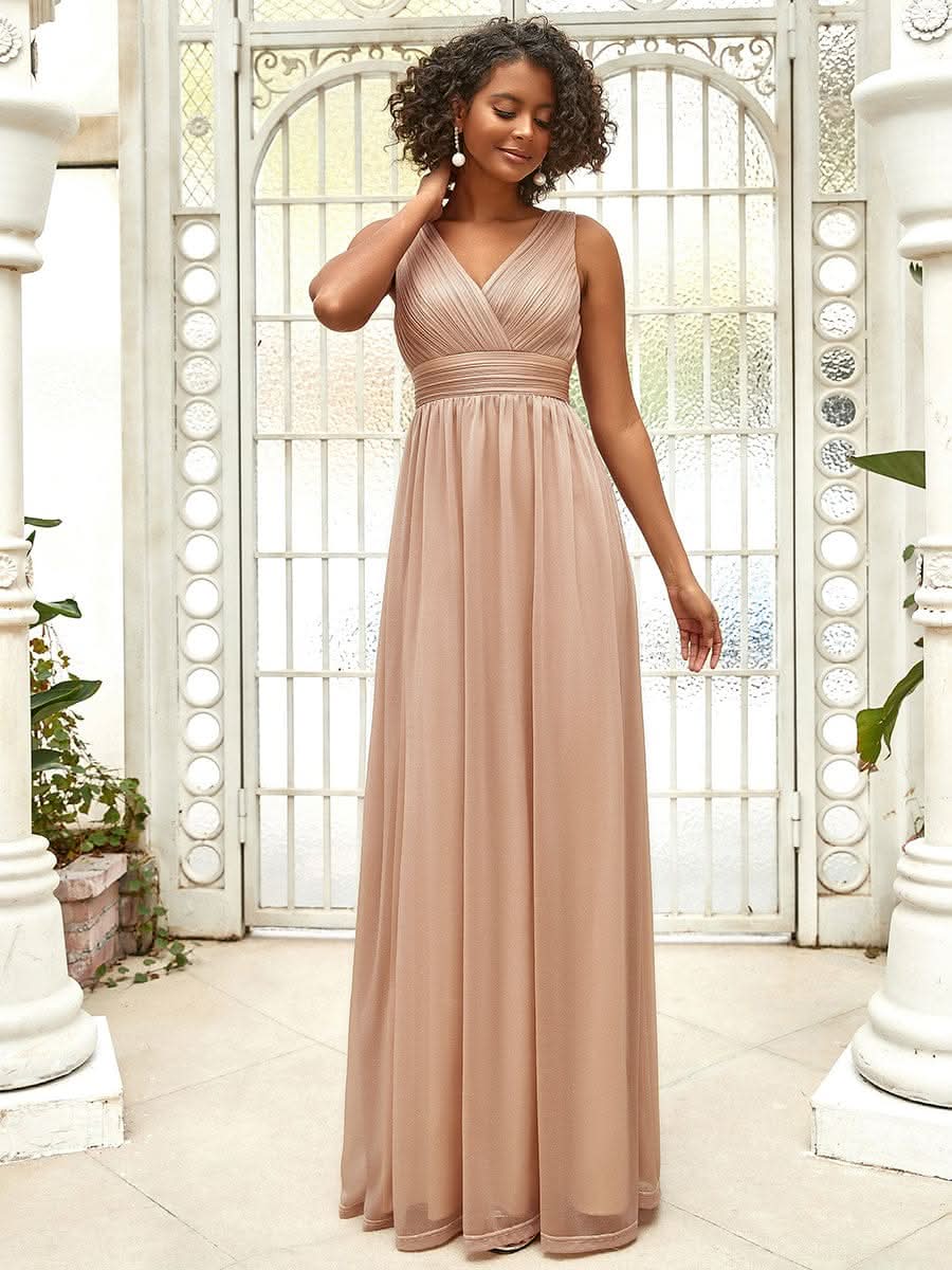 Doppelter V-Ausschnitt Lange Chiffon A-Linie Hochzeitsgast Kleider #Farbe_Rosa Gold