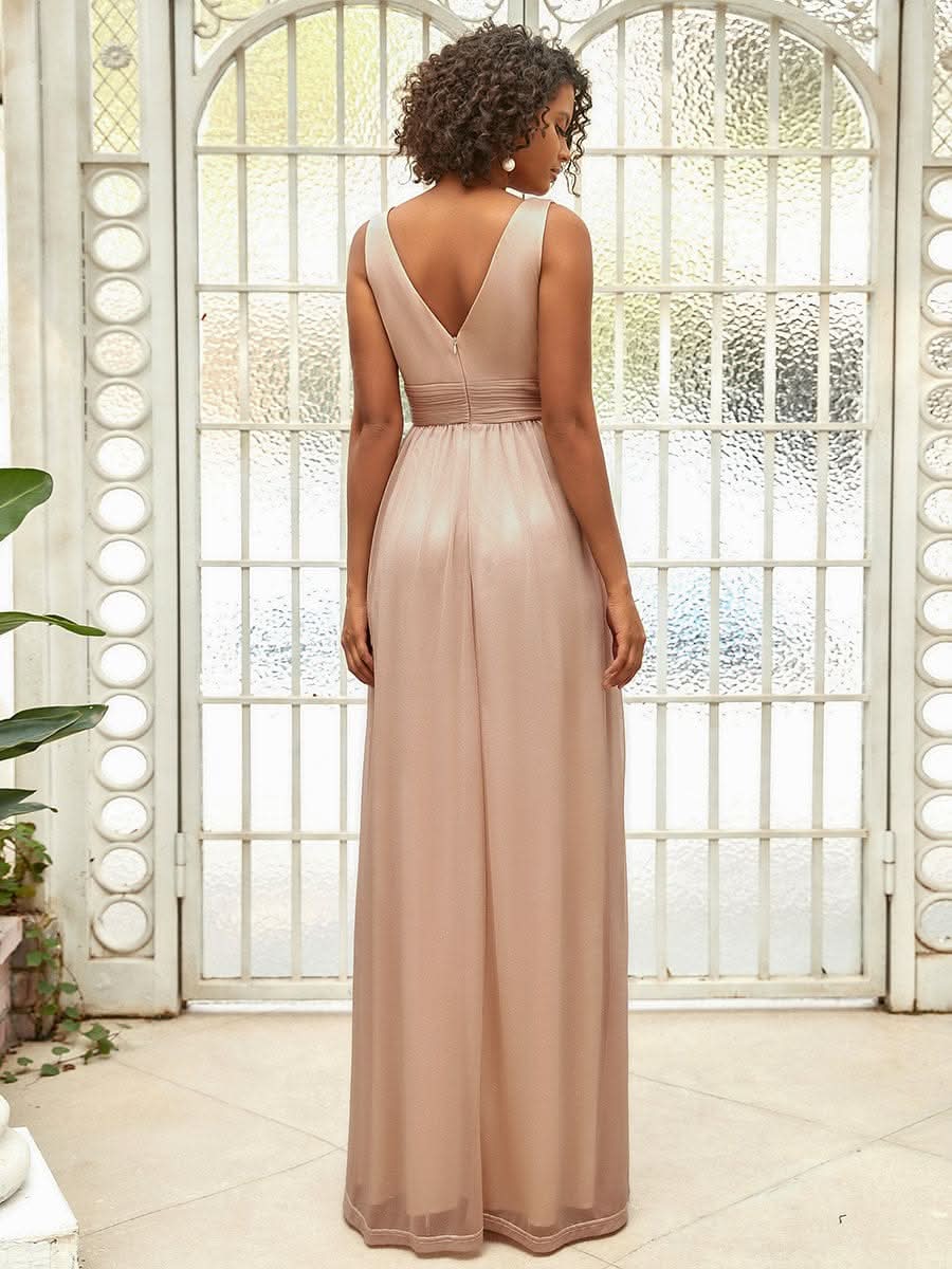 Doppelter V-Ausschnitt Lange Chiffon A-Linie Hochzeitsgast Kleider #Farbe_Rosa Gold