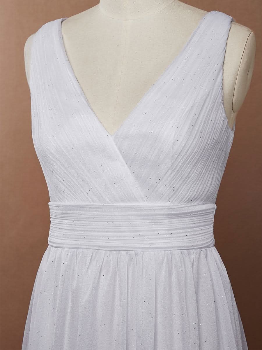 V-Ausschnitt Ärmelloses Chiffon A-Linie Lang Hochzeitsgast Kleider Große Größen #Farbe_Weiss