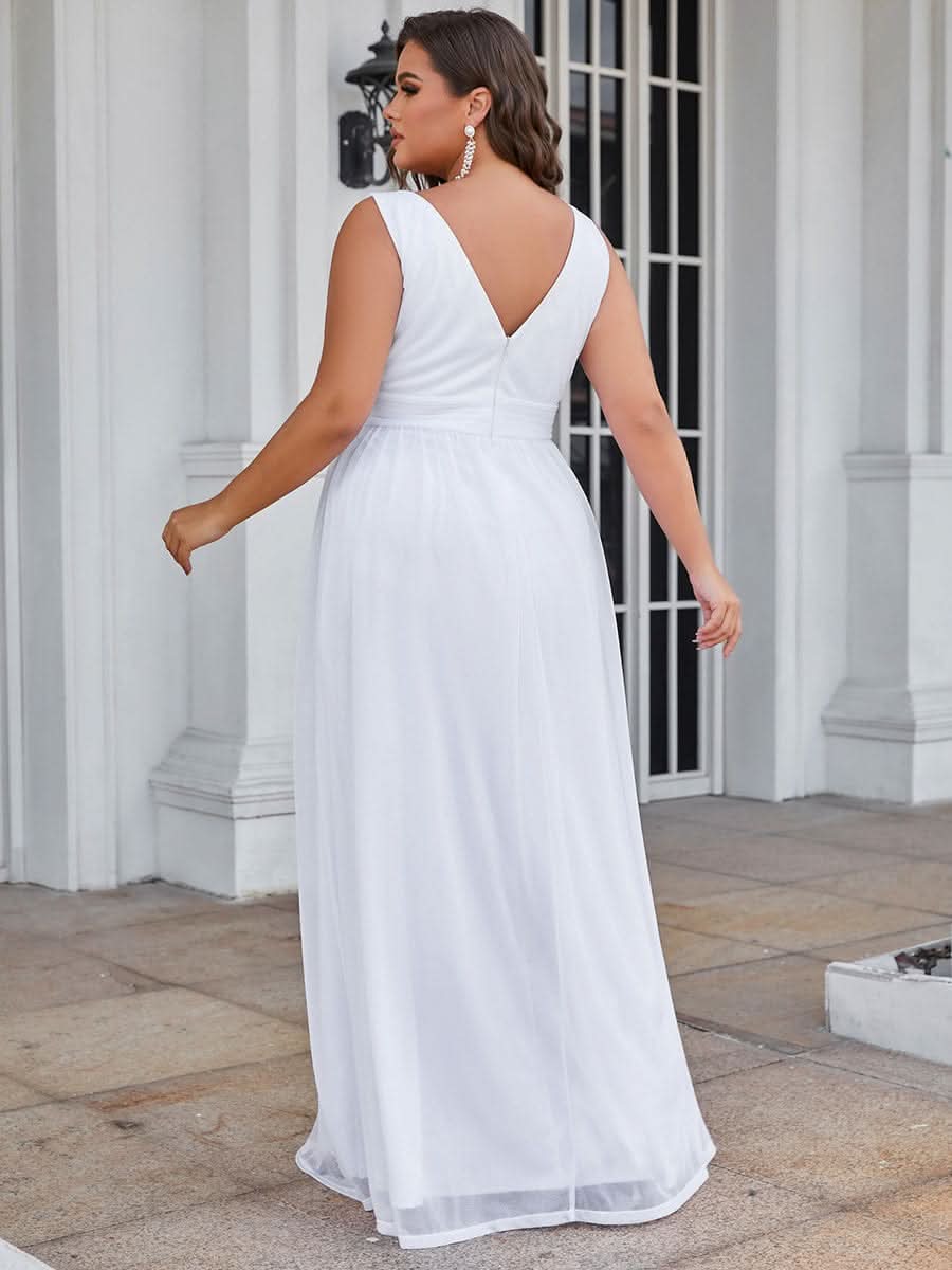 Doppelter V-Ausschnitt Lange Chiffon A-Linie Hochzeitsgast Kleider #Farbe_Weiss