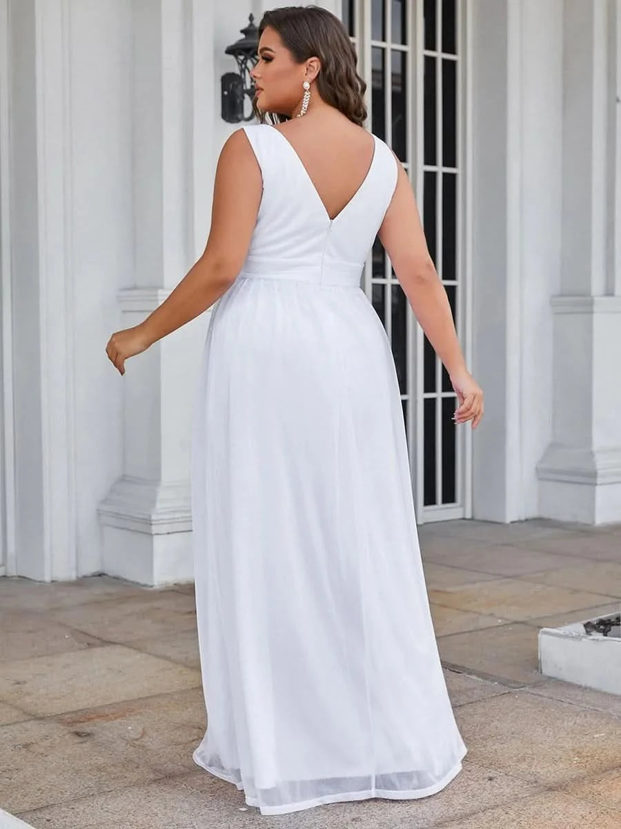 V-Ausschnitt Ärmelloses Chiffon A-Linie Lang Hochzeitsgast Kleider Große Größen #Farbe_Weiss
