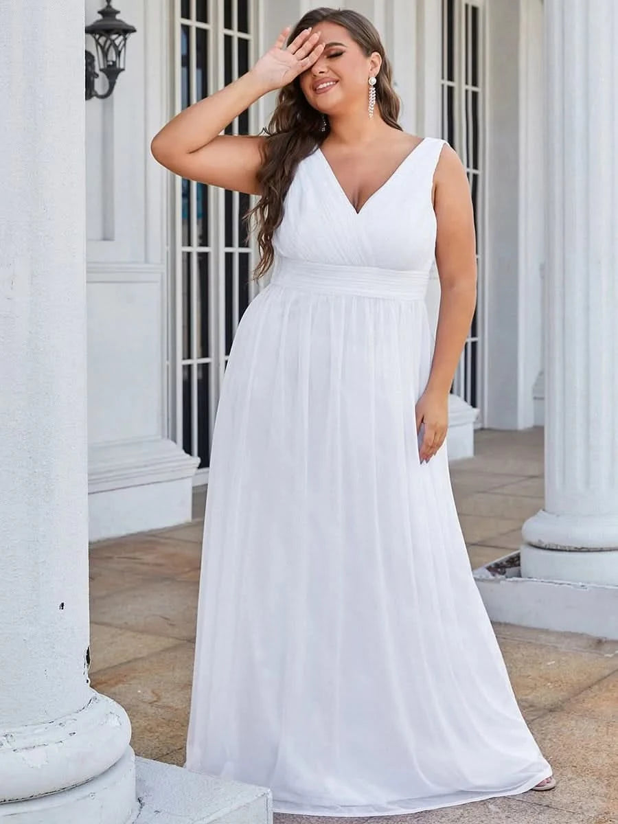 V-Ausschnitt Ärmelloses Chiffon A-Linie Lang Hochzeitsgast Kleider Große Größen #Farbe_Weiss