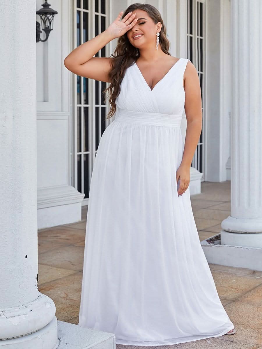 V-Ausschnitt Lange Chiffon A-Linie Brautjungfernkleider Große Größen #Farbe_Weiss