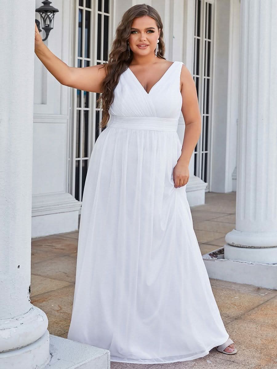 V-Ausschnitt Ärmelloses Chiffon A-Linie Lang Hochzeitsgast Kleider Große Größen #Farbe_Weiss