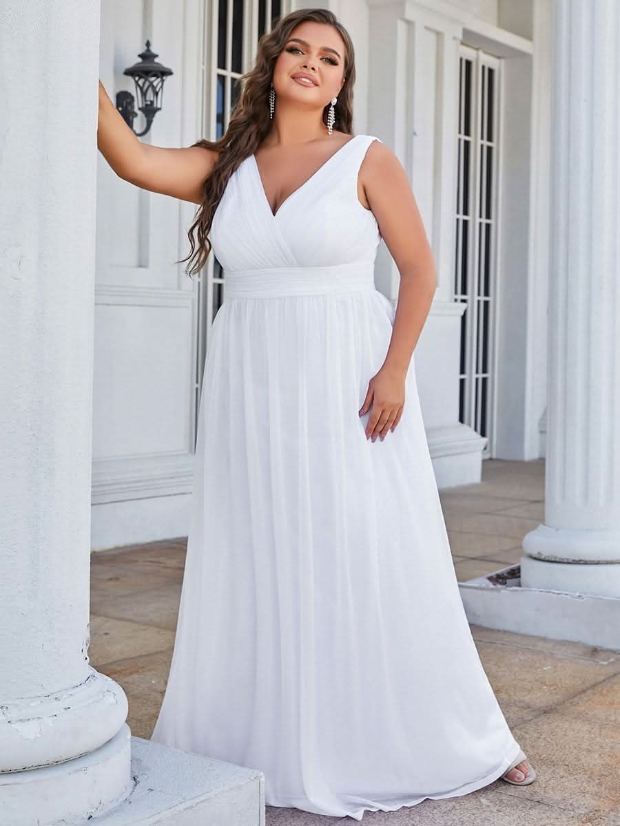 V-Ausschnitt Ärmelloses Chiffon A-Linie Lang Hochzeitsgast Kleider Große Größen #Farbe_Weiss