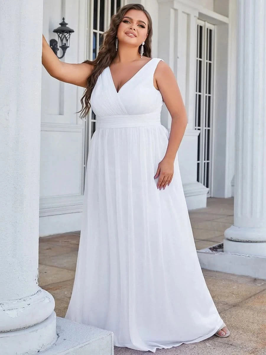 V-Ausschnitt Ärmelloses Chiffon A-Linie Lang Hochzeitsgast Kleider Große Größen #Farbe_Weiss