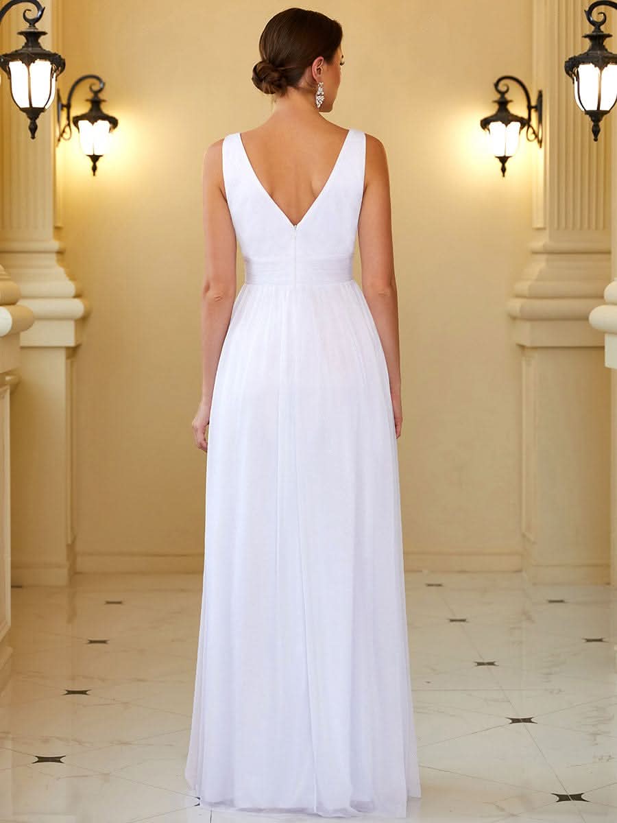 Doppelter V-Ausschnitt Lange Chiffon A-Linie Hochzeitsgast Kleider #Farbe_Weiss