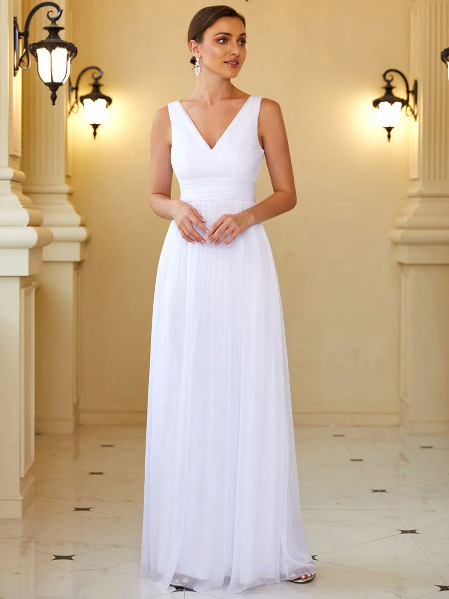 Doppelter V-Ausschnitt Lange Chiffon A-Linie Hochzeitsgast Kleider #Farbe_Weiss