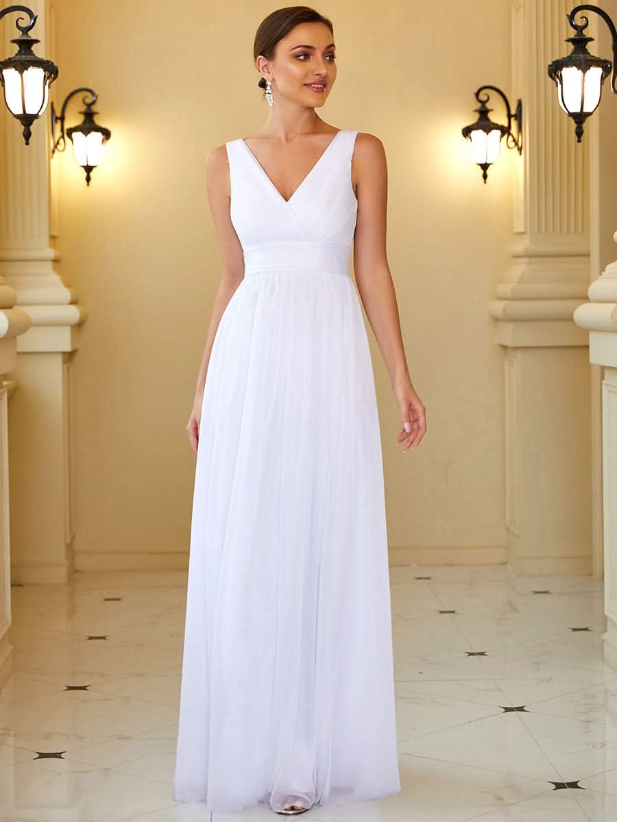 Doppelter V-Ausschnitt Lange Chiffon A-Linie Hochzeitsgast Kleider #Farbe_Weiss