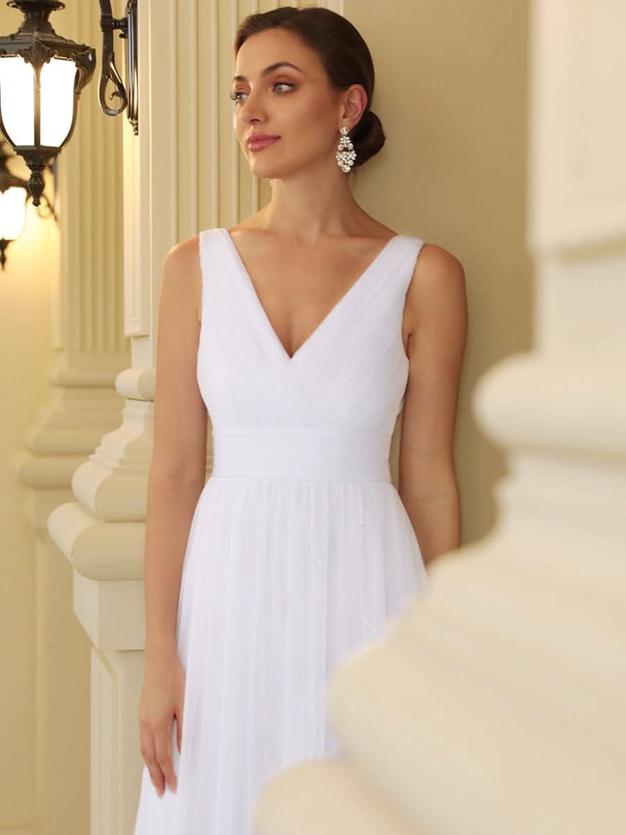 Doppelter V-Ausschnitt Lange Chiffon A-Linie Hochzeitsgast Kleider #Farbe_Weiss